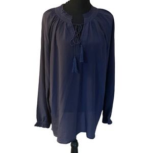 Sundance 100% Silk V-Neck Tassel-Tie, Beaded, Long-Sleeve Blouse. Size: XL